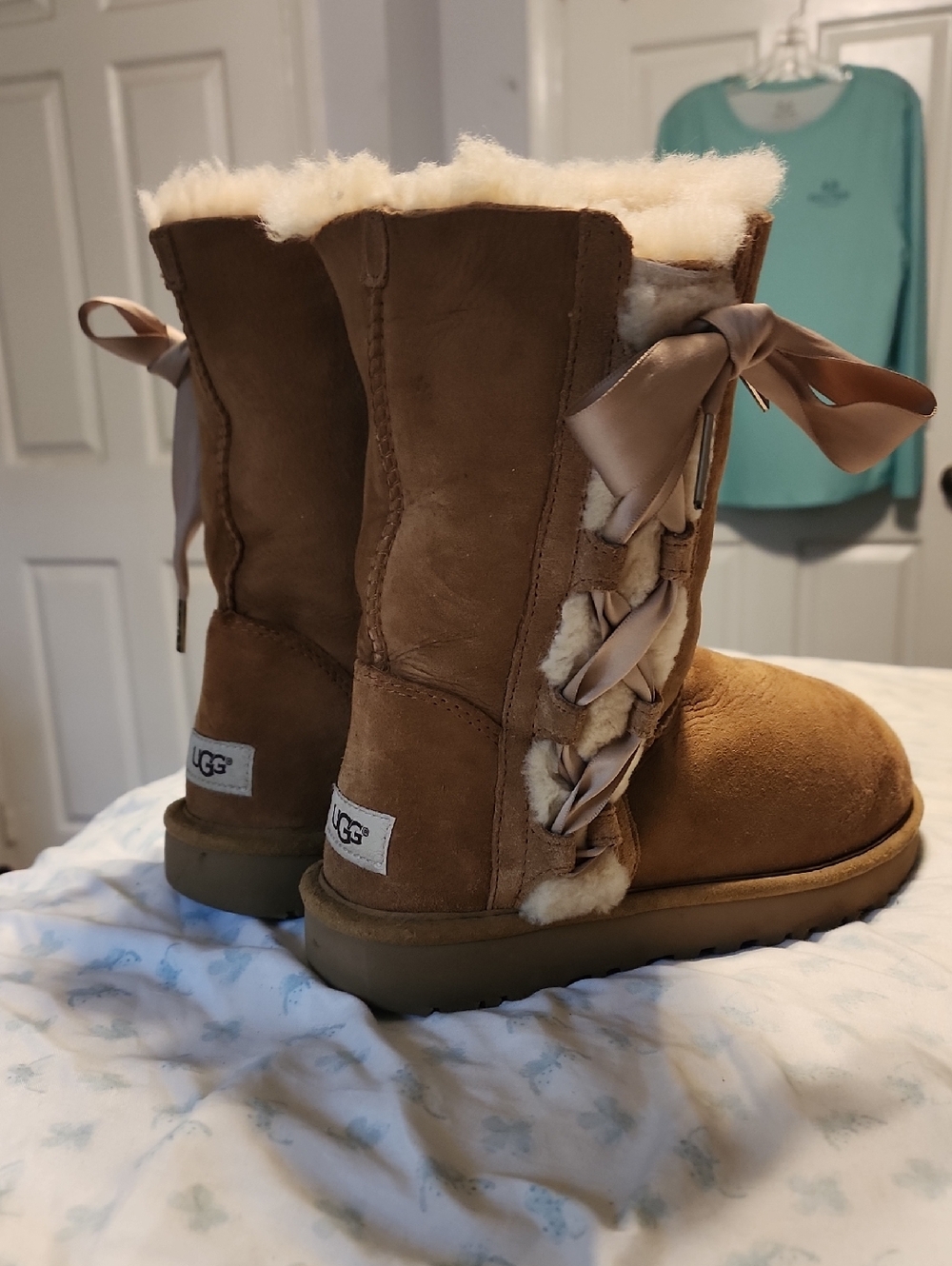 UGG Chestnut Suede Shearling Boots with Satin Bows